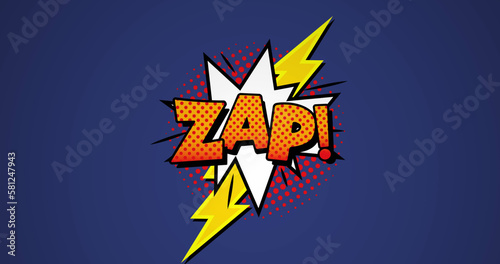 Image of zap text over abstract pattern and lightning icon against blue background