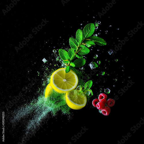 Foto realistyczna ilustracja świeżych cytryn i malin z lodem na czarnym tle 