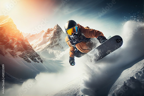 Flying snowboarder on mountains. Extreme winter sport.generative ai