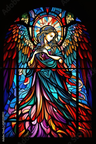 Beautiful Digital Illustration of an Abstract Stained Glass Window, Colorful, with an Angel Design. Made in part with generative AI. 