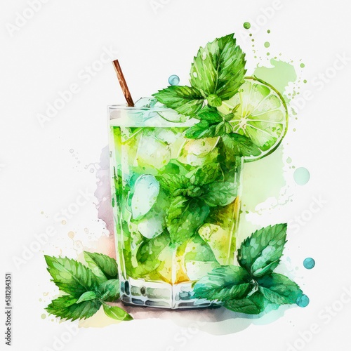 Glass of water with lime. Watercolor illustration of a fresh cocktail decorated with mint and lime. Generative AI art.