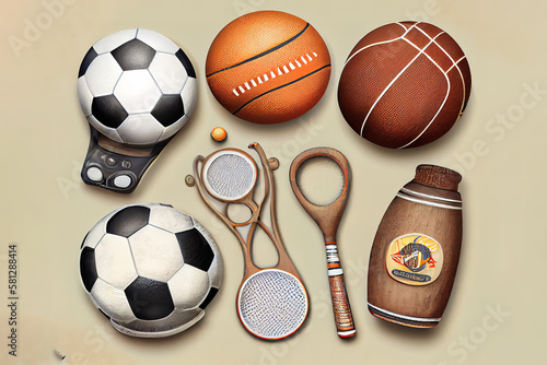 Sports equipment on paper background. Generative Ai