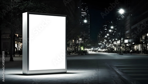 Empty space advertisement board, blank white signboard on roadside in city, Square blank billboard in city in night time, generative ai 
