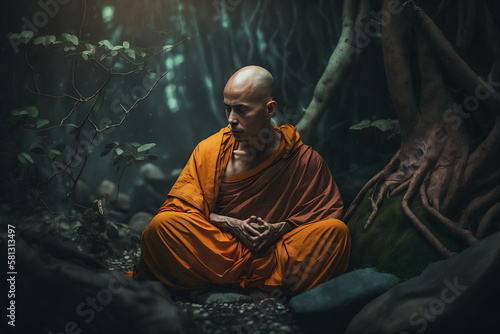 Generative ai illustration of Buddhist monk in meditation in jungle forest