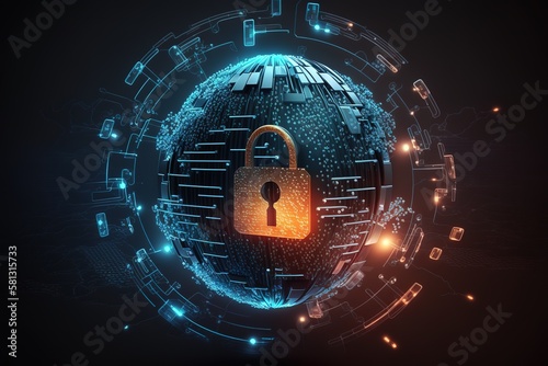 Cyber security technology and online data protection in innovative perception. Concept of technology for security of data storage used by global business network server to secure cyber information.