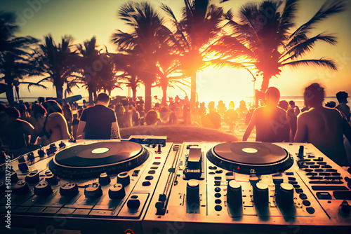 Dj mixing outdoor at beach party festival with crowd of people in background - Summer nightlife
