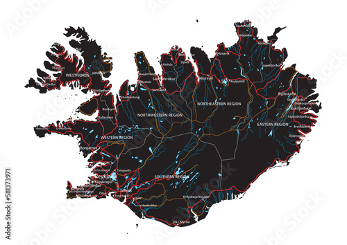 High detailed Iceland road map with labeling.