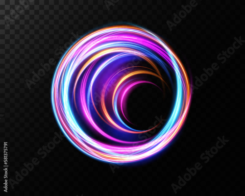 Magic fantasy portal. Frame, Futuristic teleport. light effect. Blue, gold, purple, neon lights illuminate the night scene with sparks on a transparent background. Light effect of an empty podium. 