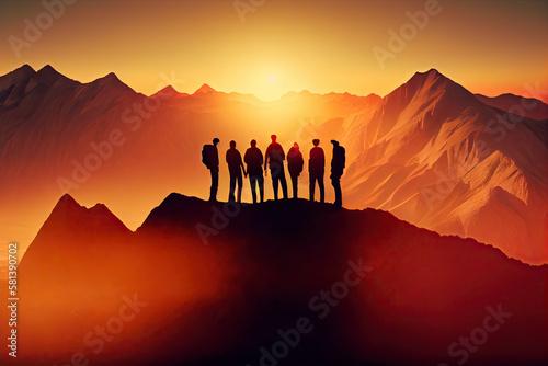 Team success concept photo, friends standing together on the top of the hill, over beautiful mountains landscape in gold sunset light