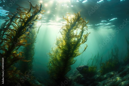 Wild algae in the sun growing in blue sea water. Generative ai.