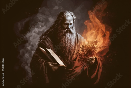 Moses with the burning bush, old Testament and Jewish Torah, Book of Exodus, religion.