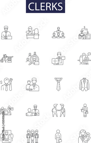 Clerks line vector icons and signs. Employees, Shop, Convenience, Stoner, Rude, Slacking, Video, Romance outline vector illustration set