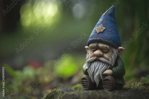 Garden gnome sitting on the grass looking sad. Generative AI