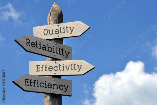 Quality, reliability, effectivity, efficiency - wooden signpost with four arrows, sky with clouds