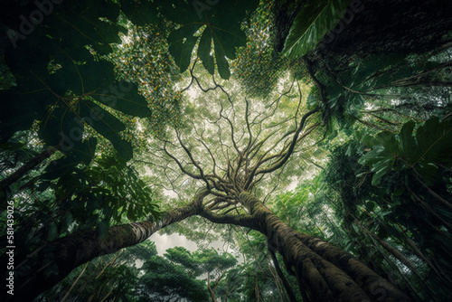 a rainforest canopy, representing the incredible biodiversity and importance of tropical rainforests