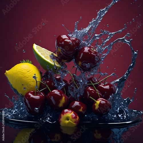Foto realistyczna ilustracja, wiśni i cytryn wpadających do wody, SI