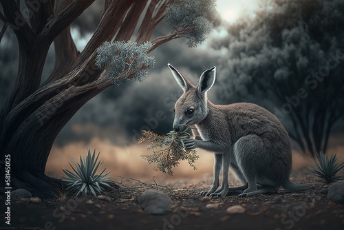 Small kangaroo feeding near a tree, AI generated