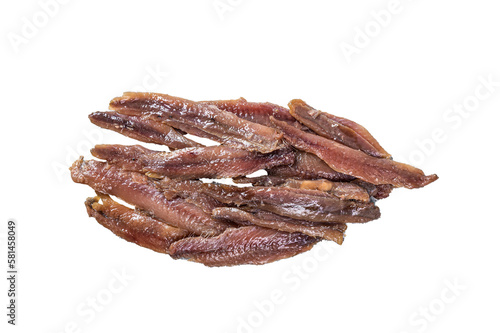 Canned Anchovies fish fillet in Olive Oil. Isolated, transparent background.