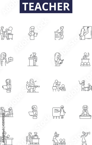 Teacher line vector icons and signs. Tutor, Educator, Lecturer, Mentor, Facilitator, Coach, Pedagogue, Guru outline vector illustration set