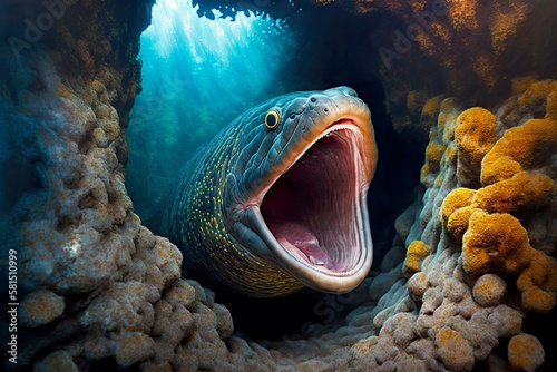 mouth open moray eel floats between rocks and corals, created with generative ai