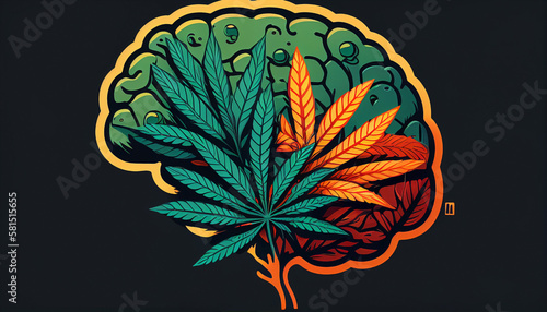 Marijuana and brain. World cannabis day. Effects of cannabis on the human brain. Psychedelic anatomy.