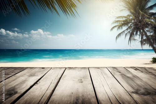 Wooden mockup template surface with blurred palms and ocean on the background