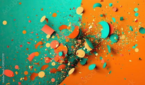  a group of colorful confetti on an orange and green background with a blue corner and a few smaller confetti on the left side. generative ai