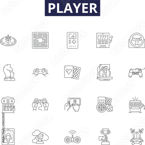 Player line vector icons and signs. Athlete, Gamer, Competitor, Performer, Actor, Sportsperson, Participant, Contender outline vector illustration set