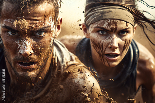 The man and woman running through a muddy obstacle course, showcasing their fitness and perseverance. Generative AI.