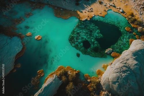 Cinematic aerial footage of beautiful nature abstract crystal clear emarald pool during sunrise