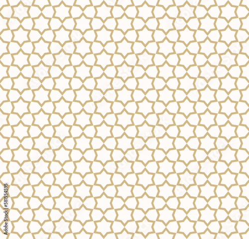 Abstract golden vector geometric seamless pattern. Traditional oriental ornament with outline stars, mesh, grid, flower silhouettes. Simple luxury gold and white background. Elegant repeat geo design