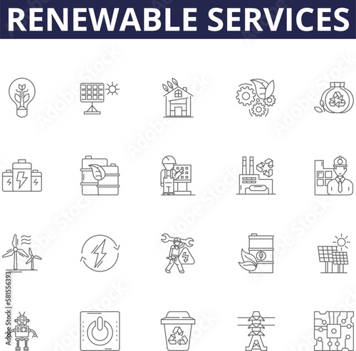 Renewable services line vector icons and signs. Services, Solar, Wind, Hydro, Geothermal, Biomass, Biofuel, Wave outline vector illustration set