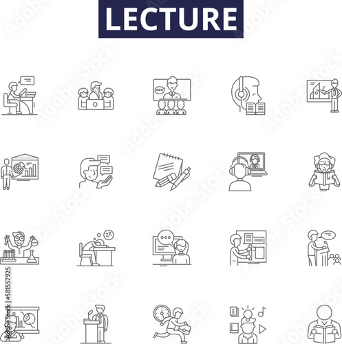 Lecture line vector icons and signs. Talk, Seminar, Education, Classroom, Information, Speech, Knowledge, Explain outline vector illustration set