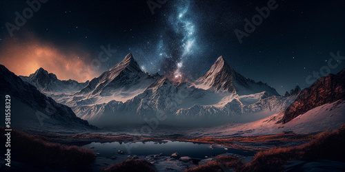 Astrophotography mountainscape. AI generated illustration