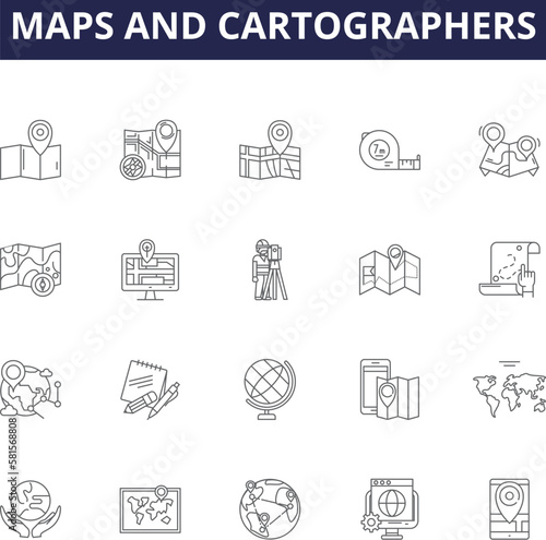 Maps and cartographers line vector icons and signs. Cartographers, Geographic, Navigation, Atlas, Explorers, Globe, Survey, Compilation outline vector illustration set
