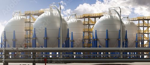 Panoramic landscape of factory. Chemical plant under blue sky. Industrial storage. Spherical reservoirs for chemical gas. Chemical waste storage area. Industrial technologies. 3d image