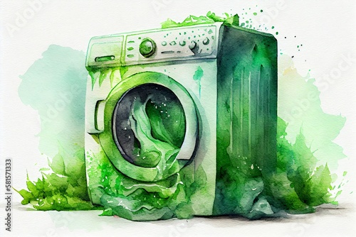 Watercolor Illustration of a Greenwashing Or Green Sheen Concept With Washing Machine. Generative AI