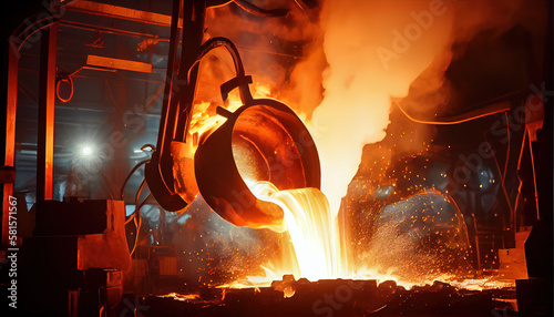 Liquid steel is poured from a metallurgical ladle, ai generated