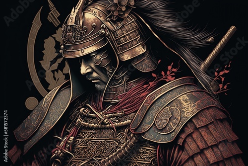 Japanese Samurai Warrior illustration on dark background. Generative AI