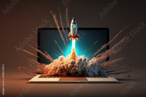 Launching Space Rocket From Laptop Screen. Generative AI