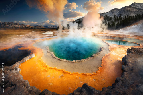 The geothermal hot springs of Yellowstone National Park, USA, with steam rising from the pools against a backdrop of rugged mountains - Generative AI
