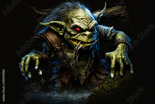 A green goblin with hooked fingers, an evil and goofy expression, crooked teeth, and red eyes. Fantasy creature. Generative AI.