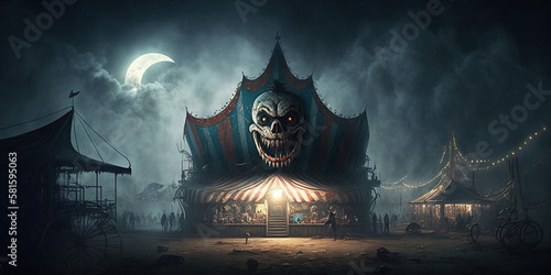 Haunted carnival, twisted clowns, abandoned rides, eerie and unsettling style. --ar 2:1 Generative AI
