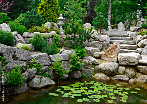 sadzawka w ogrodzie skalnym, ogród japoński, japanese garden, Zen garden, pond in the rock garden, grzybienie w oczku wodnym, Nymphaea in a pond