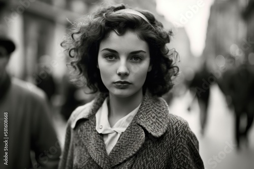 vintage young woman walking through paris street in 1947