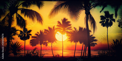 Silhouette Tropical Palm Trees At Sunset - Summer Vacation With Vintage Tone And Bokeh Lights 