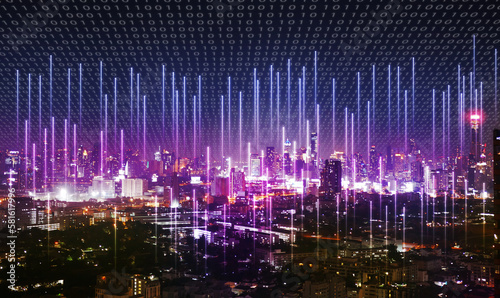 A city covered by binary code with cellular signal everywhere sending into the network. Wireless network and Connection technology concept