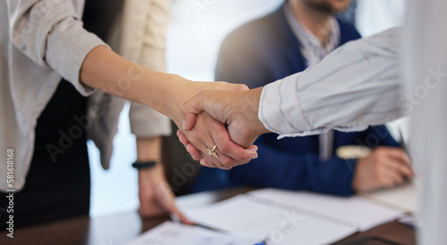 B2b, shaking hands and thank you handshake of a corporate worker in a office. Business deal, partnership and we are hiring gesture with a female hr manager ready for onboarding welcome with trust