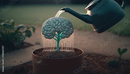 Growing Brain. Watering the Brain. Mental Health concept. Take care of oneself concept. Selfcare Growth. Generative AI.