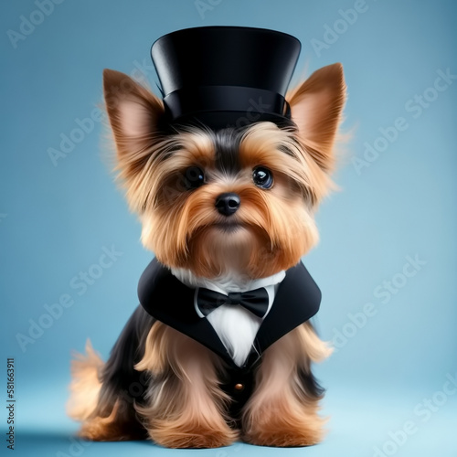 Yorkshire terrier in a black top hat, black tuxedo and bowtie. Generative AI